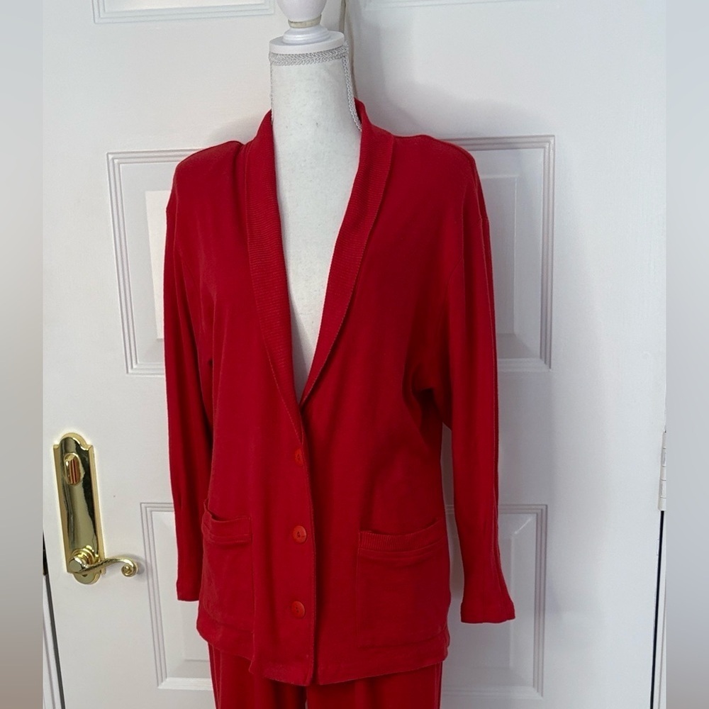 Vintage HANA Red Two Piece Set. Long Cardigan and Pants. Size 6